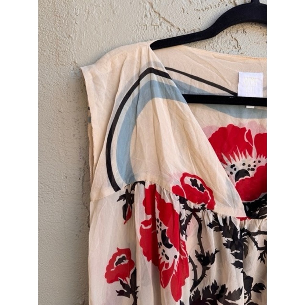 Anna Sui Cream Poppy Floral Sheer Sleeveless Shift Dress SMALL Designer Boho - Picture 4 of 9